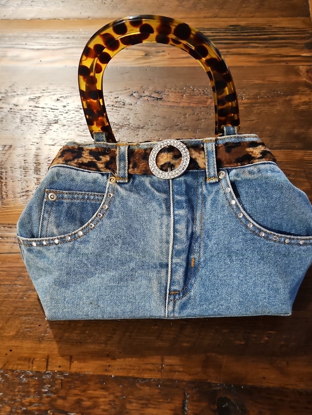 Adorible Denim Little Bag With Bling And Tortoiseshell Handles